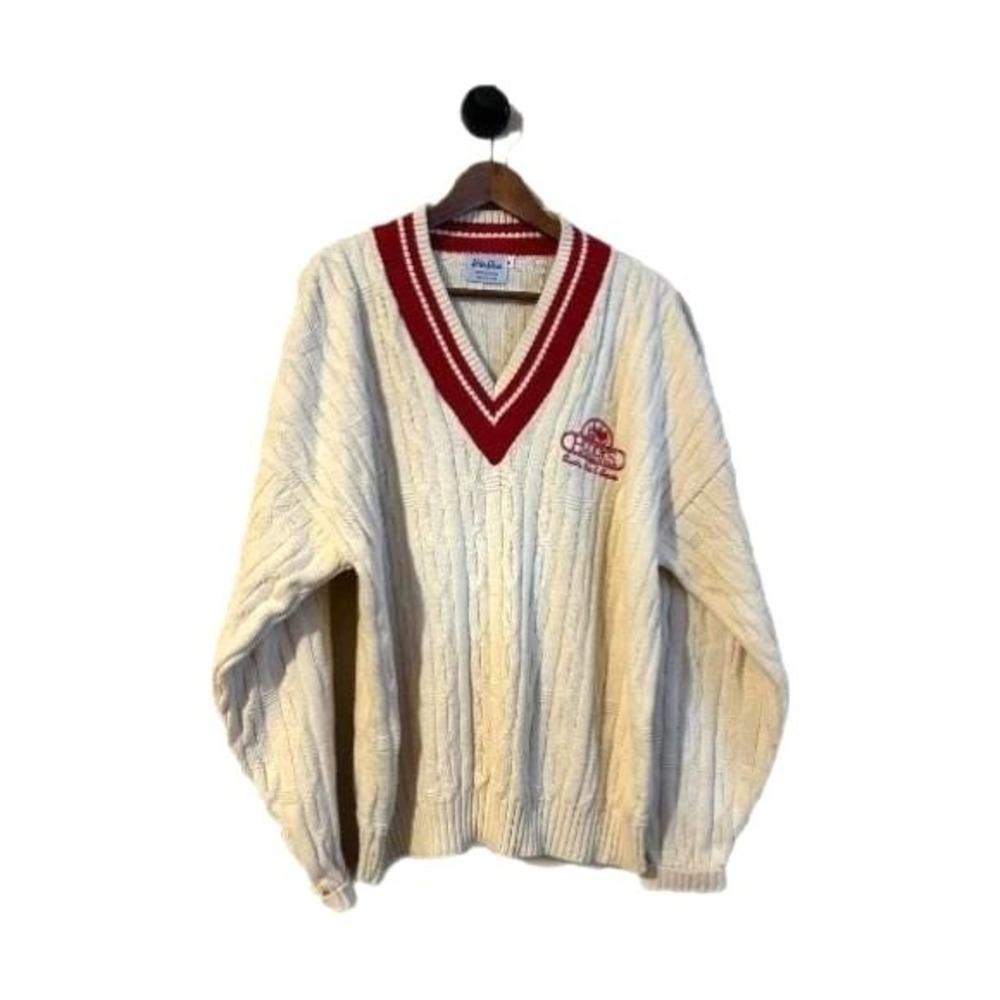 Vintage Velva Sheen College Style V-Neck Cable Knit Sweater XL Baggy Cotton